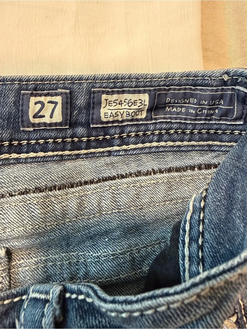 Miss Me Easy Boot Jeans 27 Low Rise Medium Wash Embellished Flap Pockets